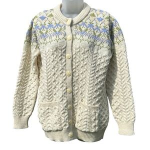 ARAN CRAFTS Womens Size M Merino Wool Cream Fair Isle Chunky Cable Knit Cardigan